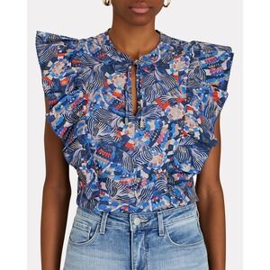 Chufy Dekker Flutter Sleeve Top Gone Jammin Blue Multi Guipure Size Small